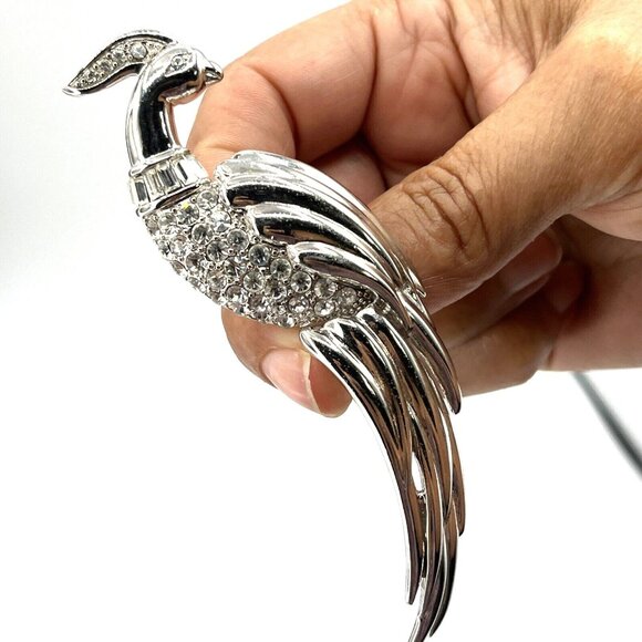 Vintage MONET Figural Bird of Paradise Baguette Rhinestone Silver Tone Brooch 4" - Picture 7 of 10